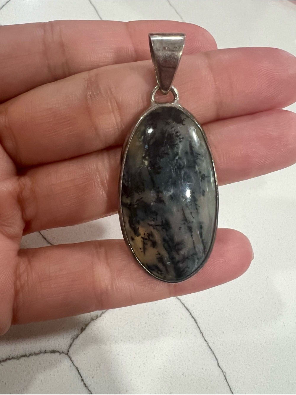 Vintage Sterling Silver Dendritic Agate Pendant 925 Oval Cabochon 2”